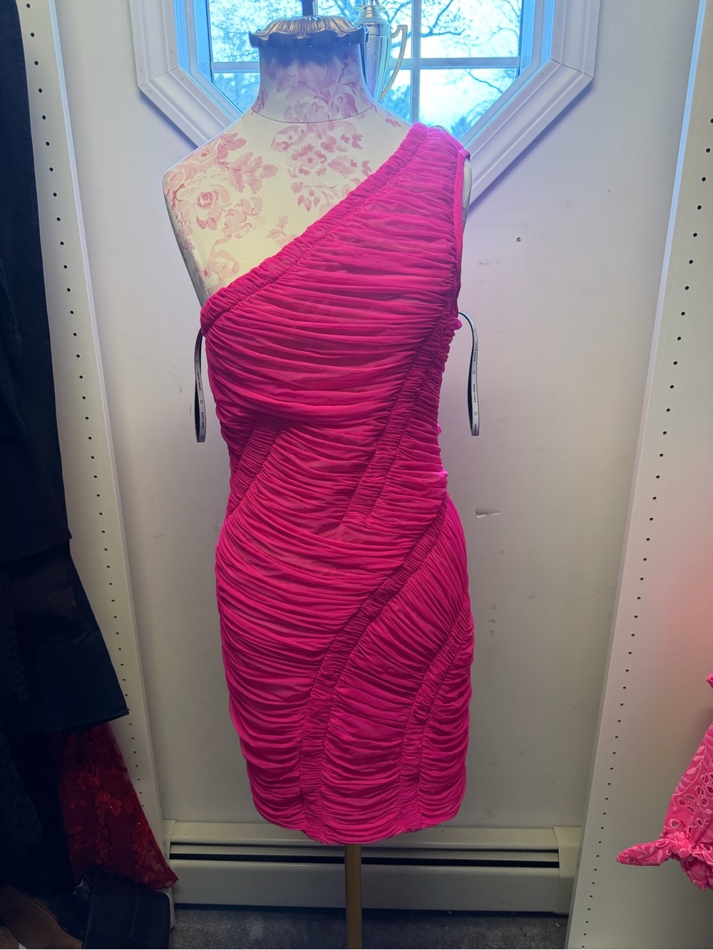 Herve Leger One-Shoulder Ruched Fuchsia Mini Dress